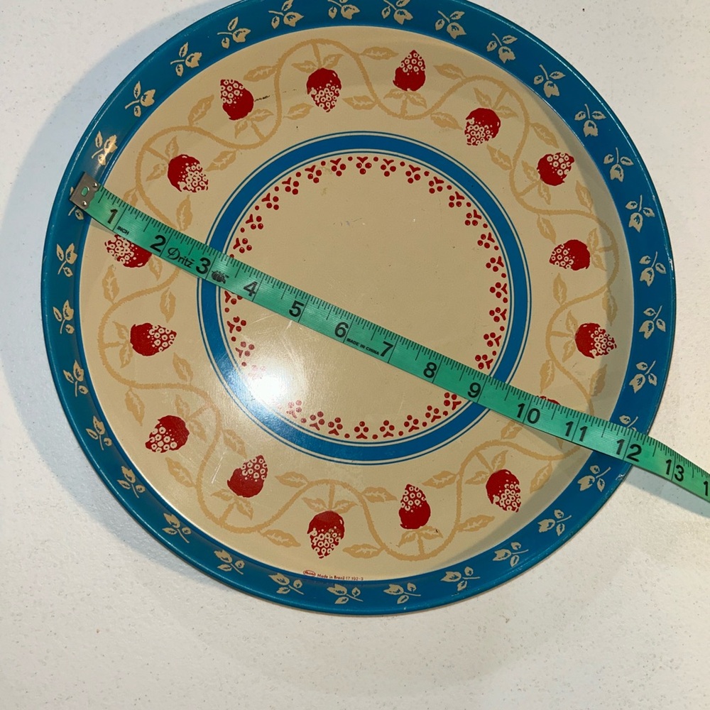 Charming Strawberry Meister Vintage Tin Tray in Red, Blue, & Cream - 12 Inch